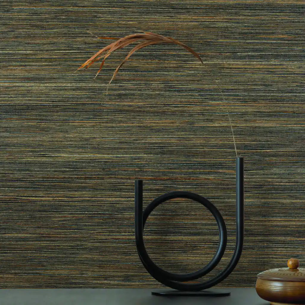 Misty Hemp wallpaper in brown & charcoal by York Wallcoverings enhances this stylish interior with natural texture.