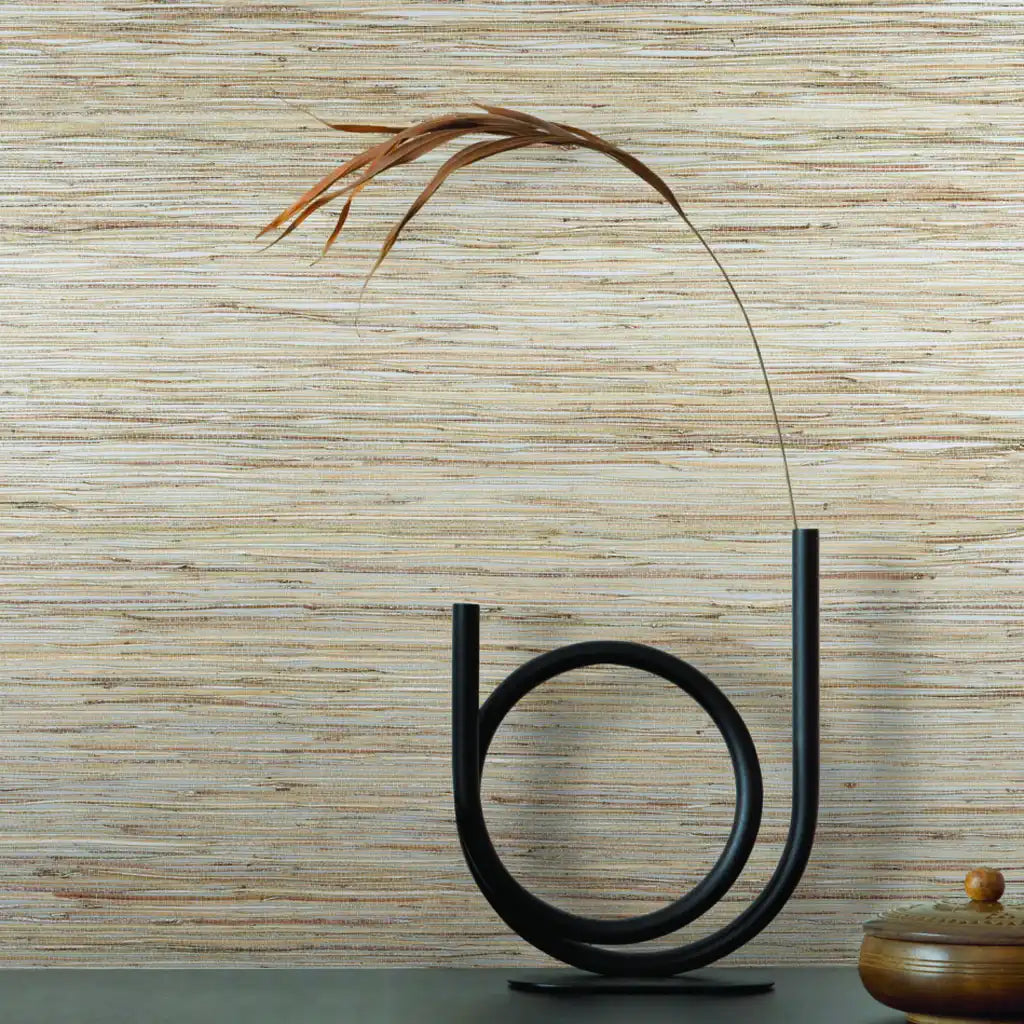 Elegant interior highlights Misty Hemp wallpaper in Misty Beige by York Wallcoverings, bringing organic texture and warmth.