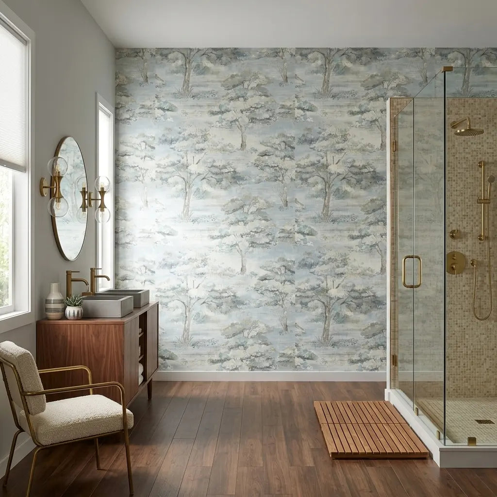 Bathroom - Moreno wallpaper in Blue, Grey, Cream by York Wallcoverings creates a stylish and serene space.