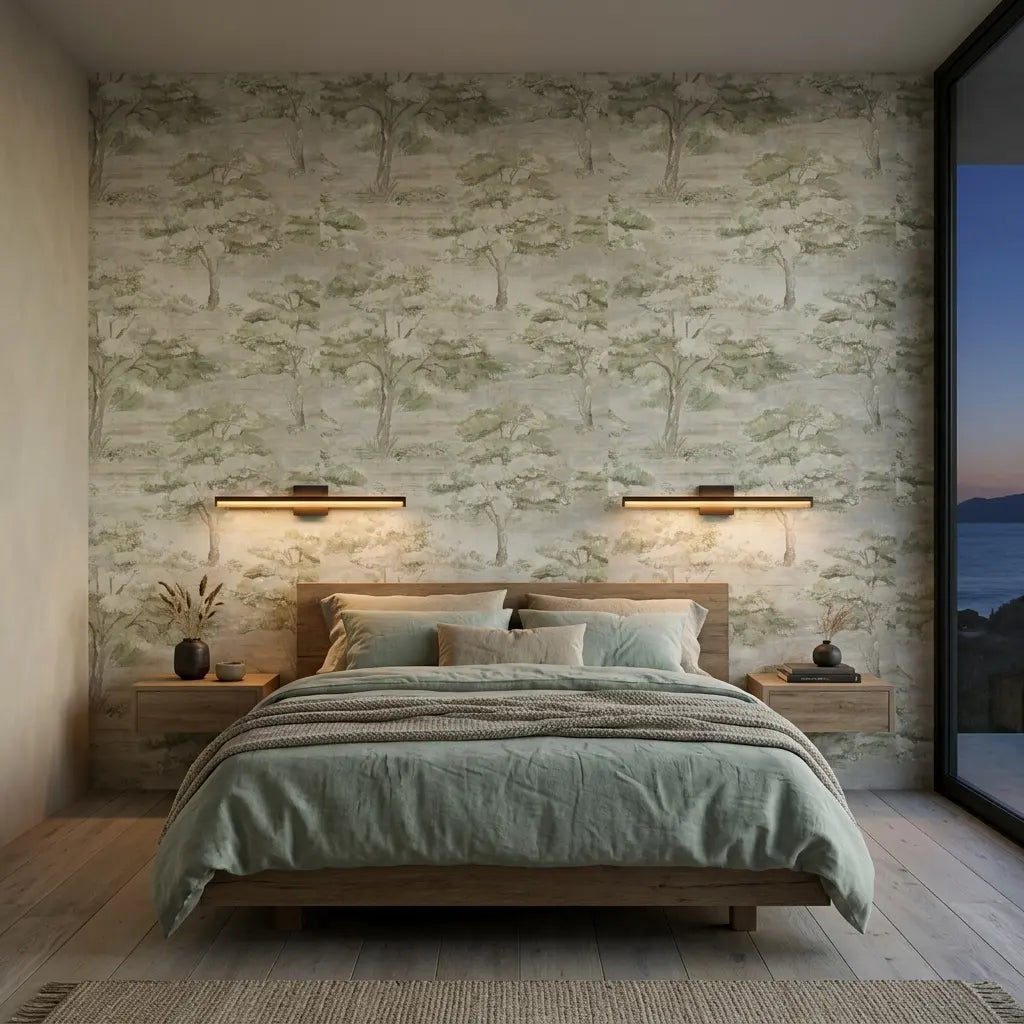 Bedroom - Elegant bedroom showcases Moreno wallpaper by York Wallcoverings, featuring a beautiful green and cream pattern.
