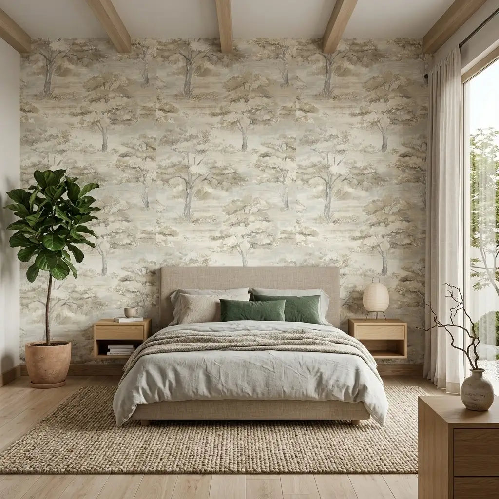 Bedroom - Taupe, Grey, Cream Moreno wallpaper by York Wallcoverings creates a serene and stylish space.