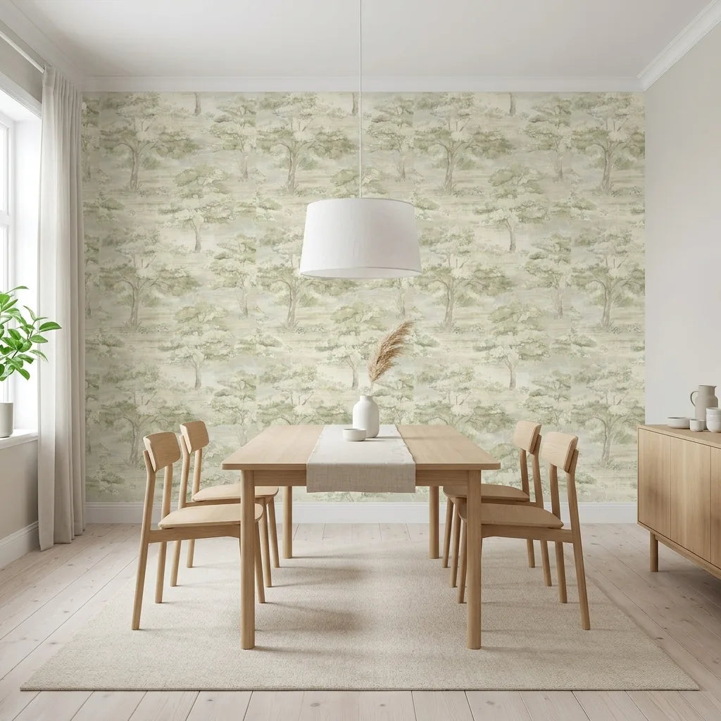 Dining Room - Elegant dining room featuring Moreno wallpaper in green and cream by York Wallcoverings for a stylish interior.