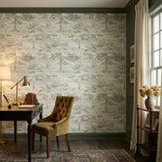 Home Office - Modern workspace featuring York Wallcoverings' Moreno wallpaper in sage, blue, and cream colors.