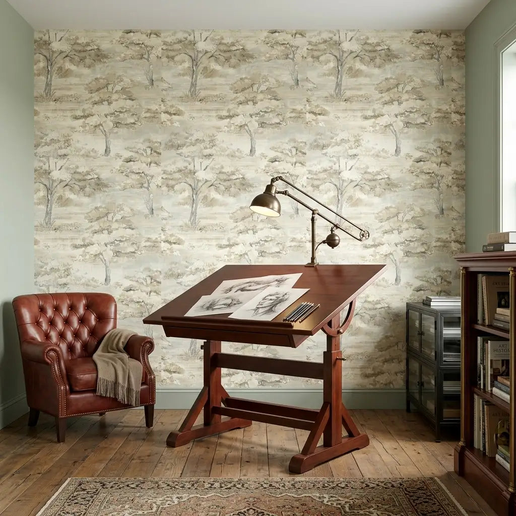 Home Office - Moreno wallpaper by York Wallcoverings in Taupe, Grey, Cream elevates this modern workspace.