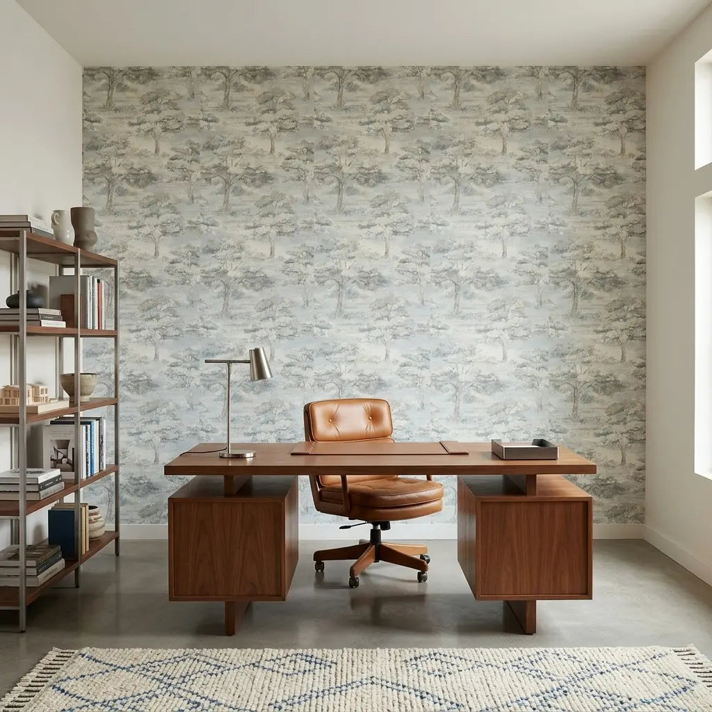 Home Office - Moreno wallpaper by York Wallcoverings in blue, grey, and cream creates a stylish and productive workspace.