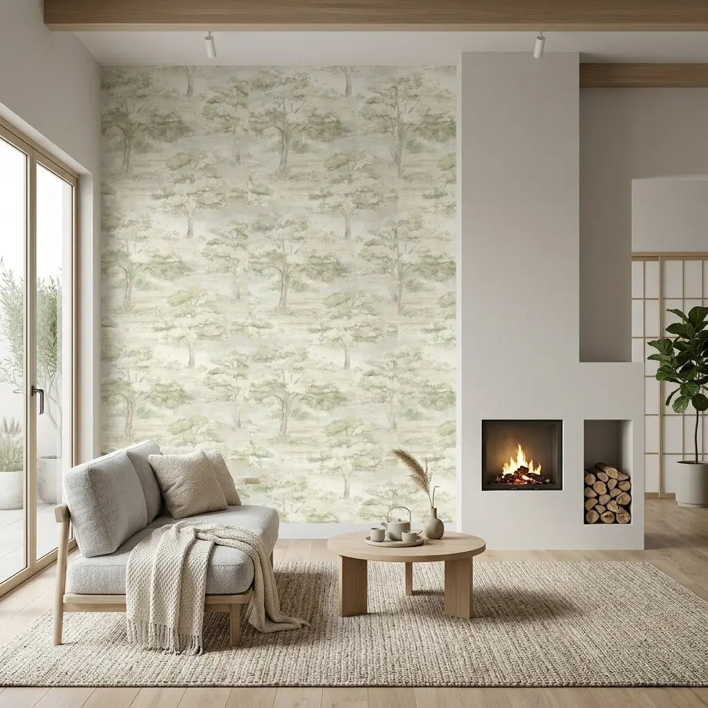 Living Room - Features York Wallcoverings' Moreno wallpaper in Green and Cream, creating a serene and stylish atmosphere.