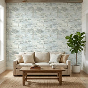 Living Room - Moreno wallpaper in blue, grey, cream by York Wallcoverings enhances this stylish living room.