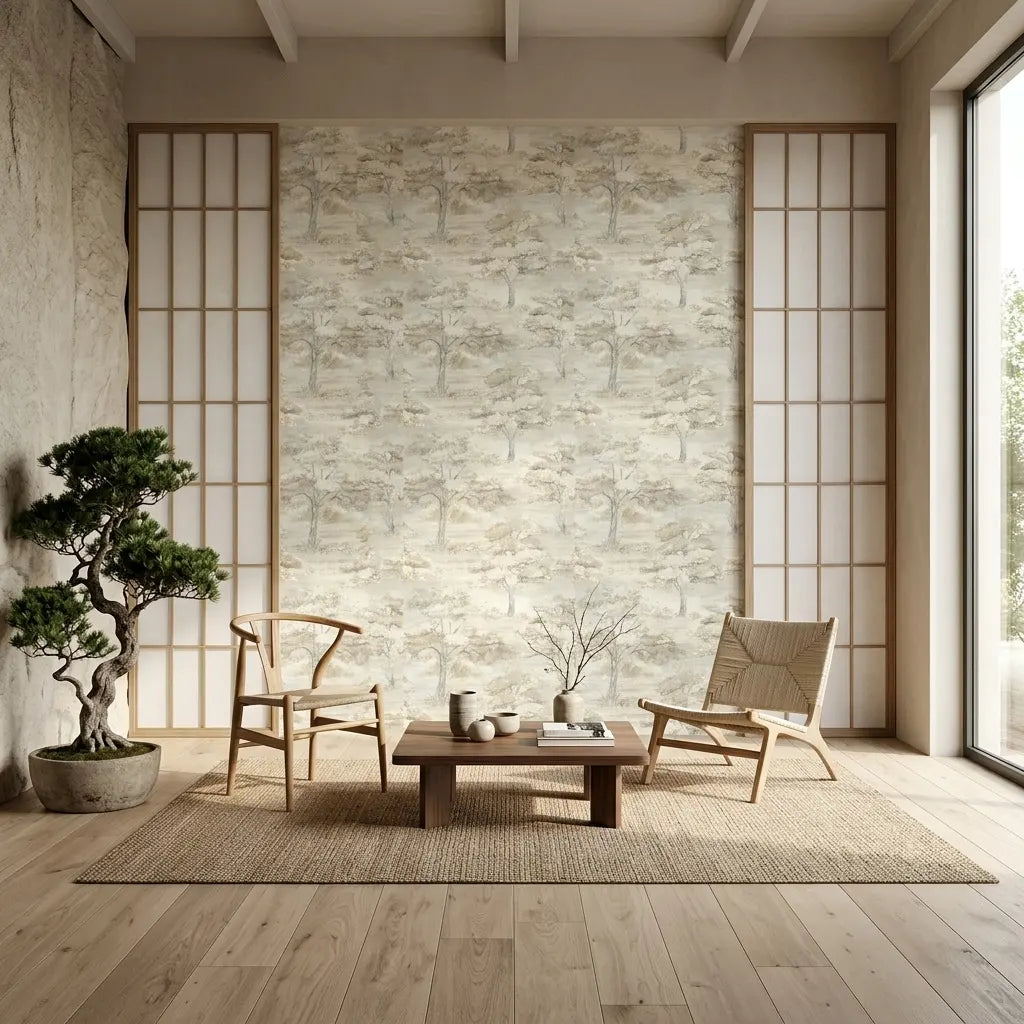 Living Room - Featuring Moreno wallpaper in Taupe, Grey, Cream by York Wallcoverings, creating a serene and stylish space.