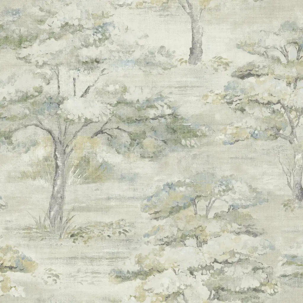 Moreno wallpaper pattern swatch by York Wallcoverings in Sage, Blue, and Cream (SKU LL3225).