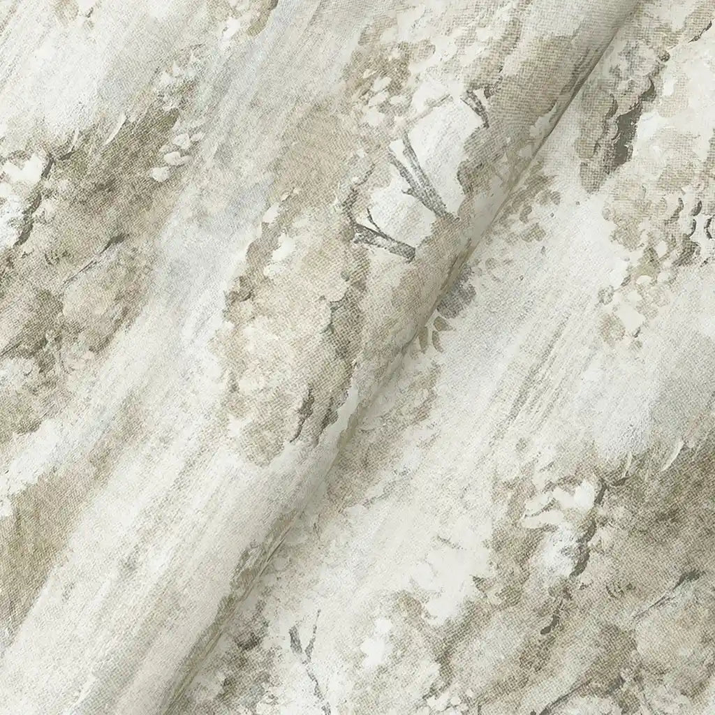 Close-up texture detail of York Wallcoverings' Moreno wallpaper in Taupe, Grey, Cream.