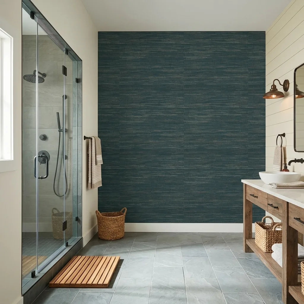 Bathroom - Elegant bathroom design with textured Multicolored Hemp wallpaper in Teal and Beige, by York Wallcoverings, creating a serene space.