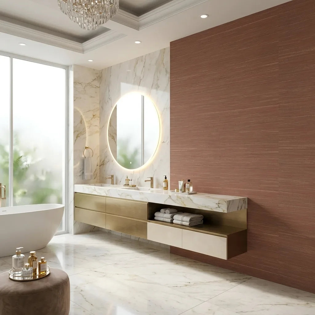 Bathroom - Modern bath with York Wallcoverings Multicolored Hemp wallpaper in a warm Rust tone, adding organic texture.
