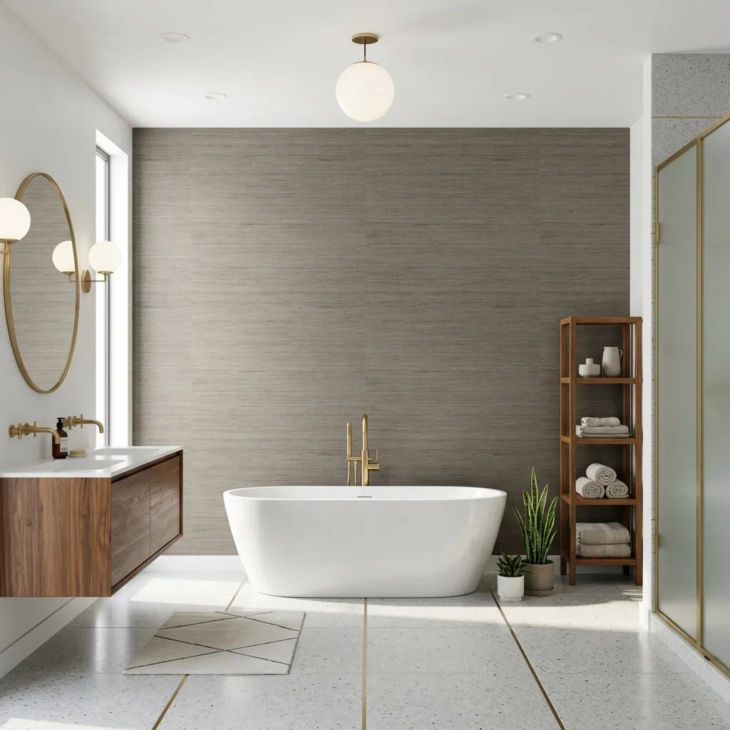 Bathroom - Stylish bathroom with textured Khaki Green Multicolored Hemp wallpaper by York Wallcoverings.