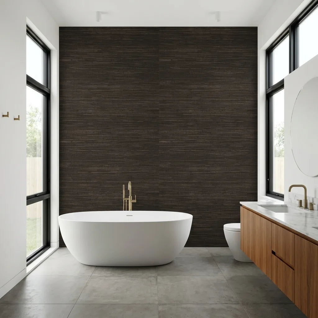 Bathroom - Features 'Multicolored Hemp' wallpaper in brown and tan by York Wallcoverings, adding natural texture and warmth.