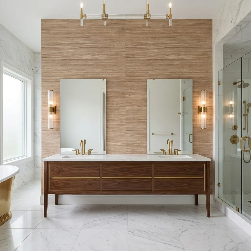 Bathroom - Stylish bathroom featuring organic Multicolored Hemp wallpaper in Natural Tan by York Wallcoverings, adding natural texture.
