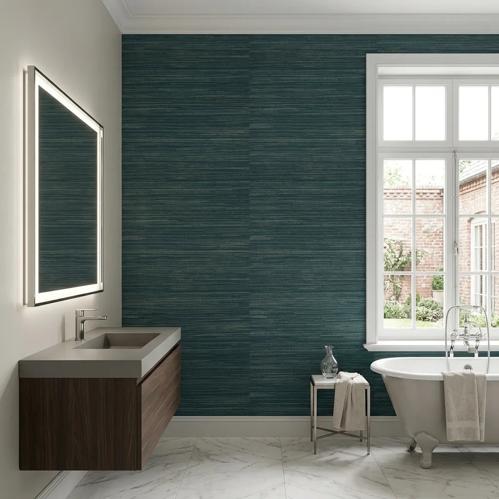 Bathroom - Featuring elegant Teal and Natural "Multicolored Hemp" wallpaper from York Wallcoverings.