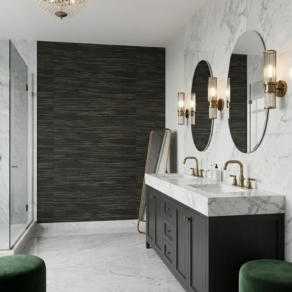 Bathroom - Multicolored Hemp wallpaper in Charcoal & Beige by York Wallcoverings creates a naturally textured, modern space.