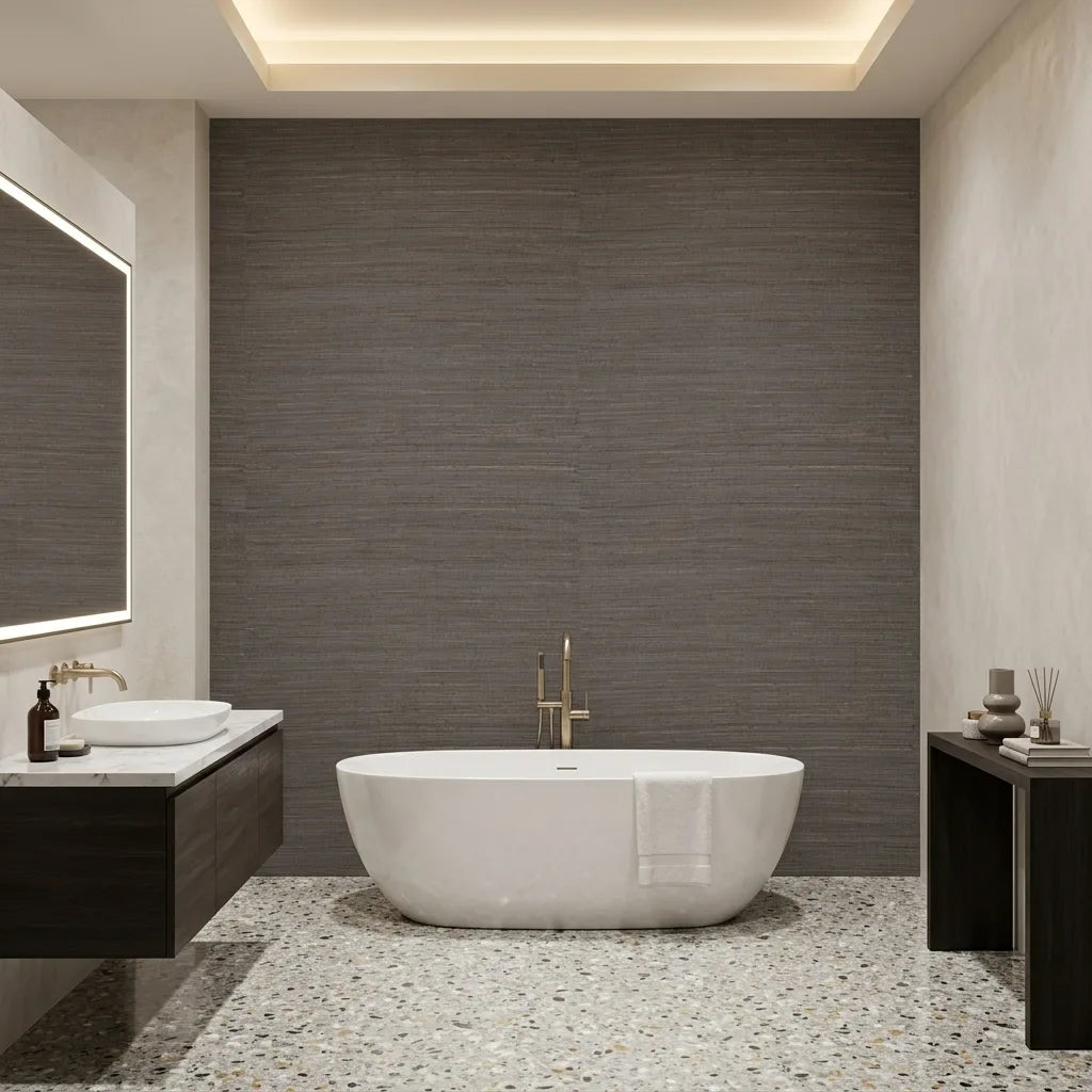 Bathroom - Modern bathroom with "Multicolored Hemp" wallpaper in brown and grey by York Wallcoverings, adding natural texture and style.