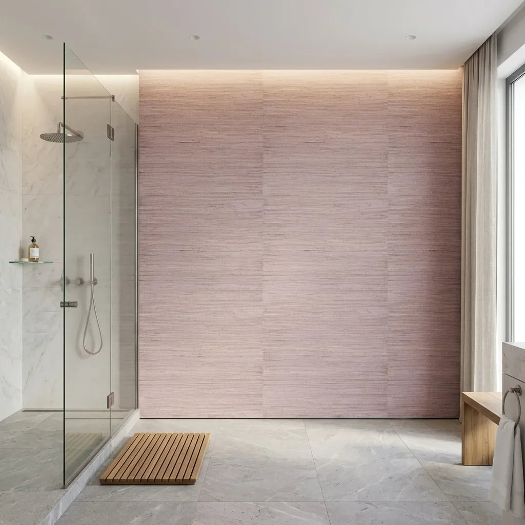 Bathroom - Multicolored Hemp lavender wallpaper by York Wallcoverings adds texture and a calming vibe to this stylish space.
