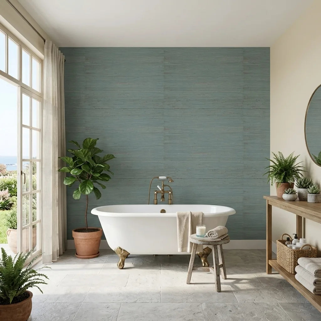 Bathroom - Modern bathroom featuring Multicolored Hemp wallpaper in Teal and Beige by York Wallcoverings, creating a stylish space.