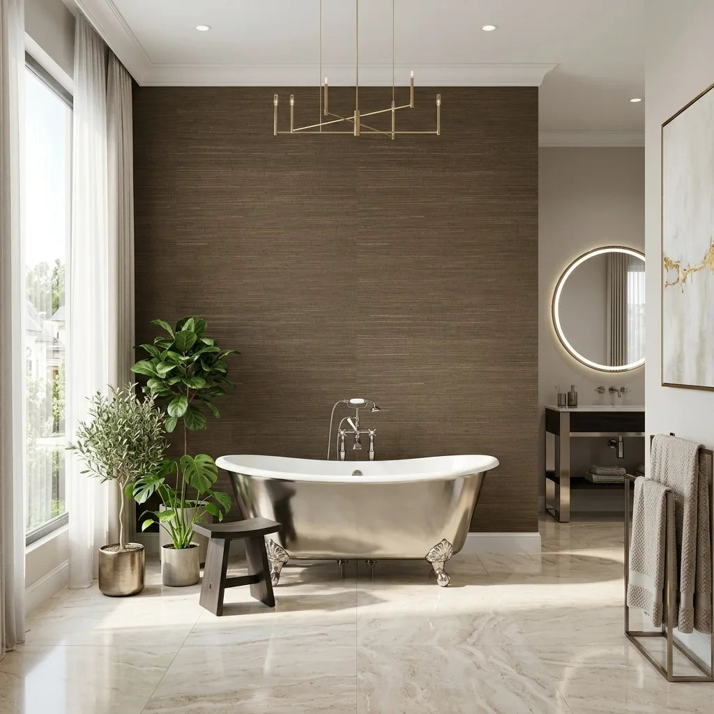Bathroom - Features Multicolored Hemp wallpaper in Olive and Beige by York Wallcoverings, creating a natural and stylish space.
