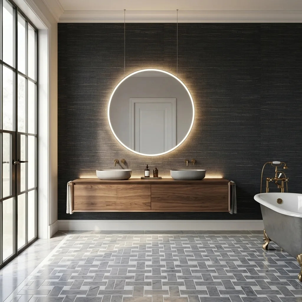 Bathroom - Stylish bathroom featuring York Wallcoverings' "Multicolored Hemp" wallpaper with elegant navy blue and tan tones.