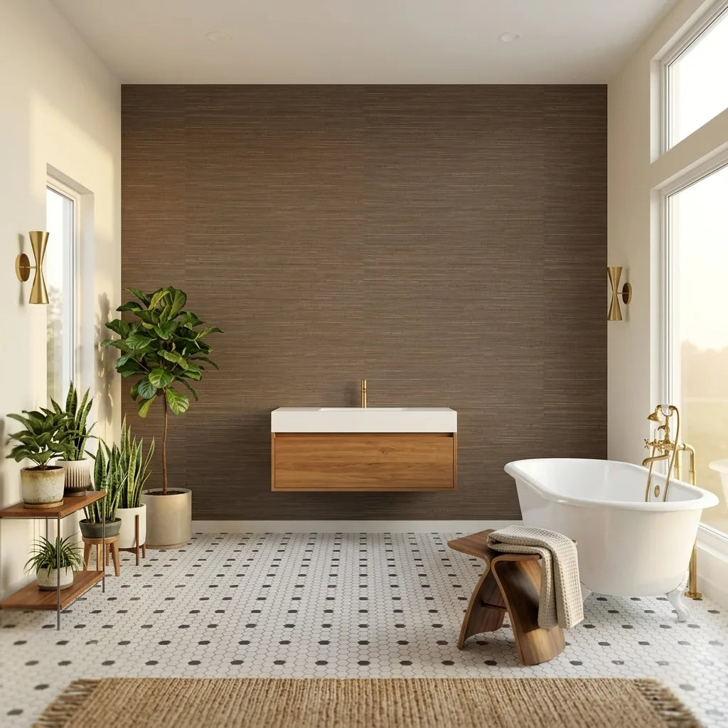 Bathroom - Stylish bathroom showcases York Wallcoverings' Multicolored Hemp wallpaper in a sophisticated brown and tan pattern, adding texture and warmth.