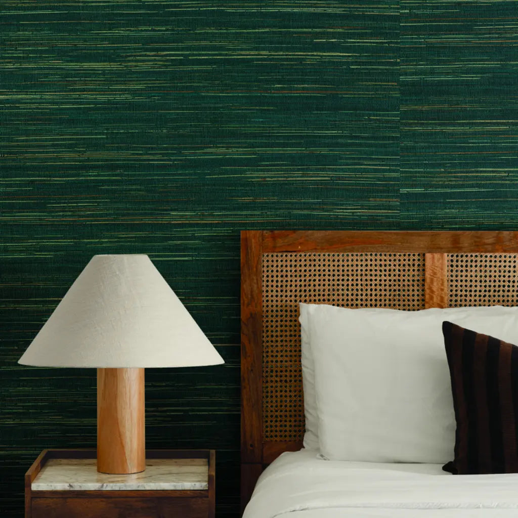 Bedroom features elegant "Multicolored Hemp" wallpaper in Teal and Beige by York Wallcoverings.