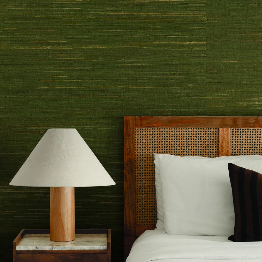 Bedroom photo featuring "Multicolored Hemp" wallpaper in Olive Green by York Wallcoverings.