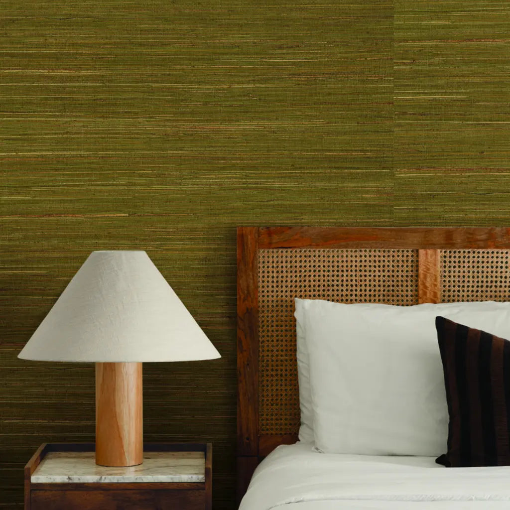 Bedroom with "Multicolored Hemp" wallpaper in Olive and Beige by York Wallcoverings, offering a chic, natural texture.
