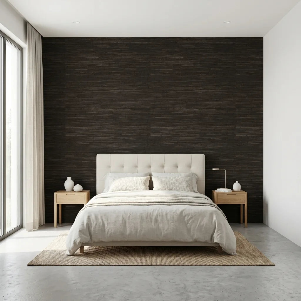 Bedroom - Multicolored Hemp wallpaper in brown and tan by York Wallcoverings adds natural texture and warmth to this bedroom.