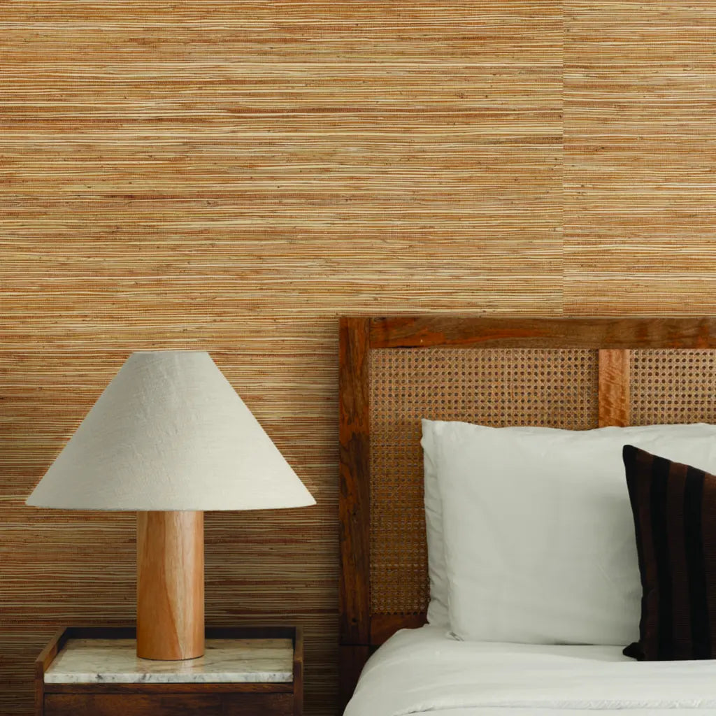 Bedroom featuring "Multicolored Hemp" wallpaper in Natural Tan by York Wallcoverings, creating a serene, earthy space.
