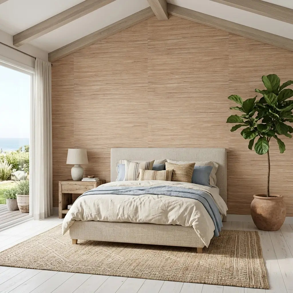 Bedroom - Elegant bedroom features 'Multicolored Hemp' wallpaper in Natural Tan by York Wallcoverings, adding organic texture.