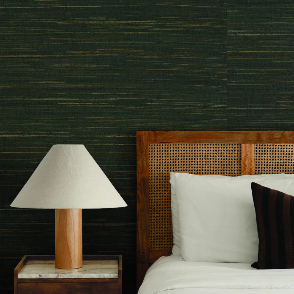 Bedroom featuring York Wallcoverings' Multicolored Hemp wallpaper in Dark Teal Tan, creating a serene and stylish space.