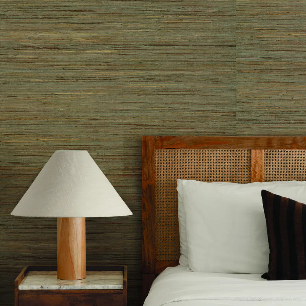 Bedroom featuring Multicolored Hemp wallpaper in Brown and Grey by York Wallcoverings.