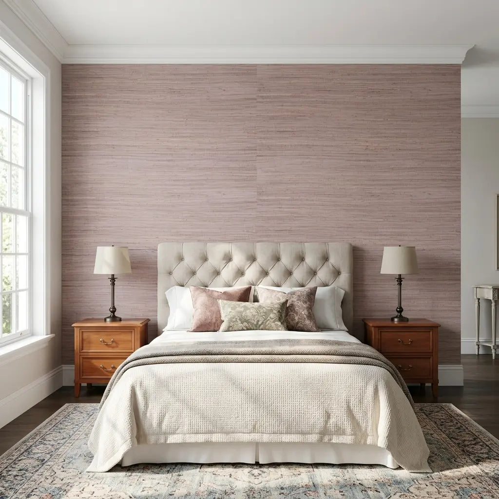 Bedroom - Stylish bedroom featuring 'Multicolored Hemp' wallpaper in Lavender by York Wallcoverings, creating a serene and modern space.