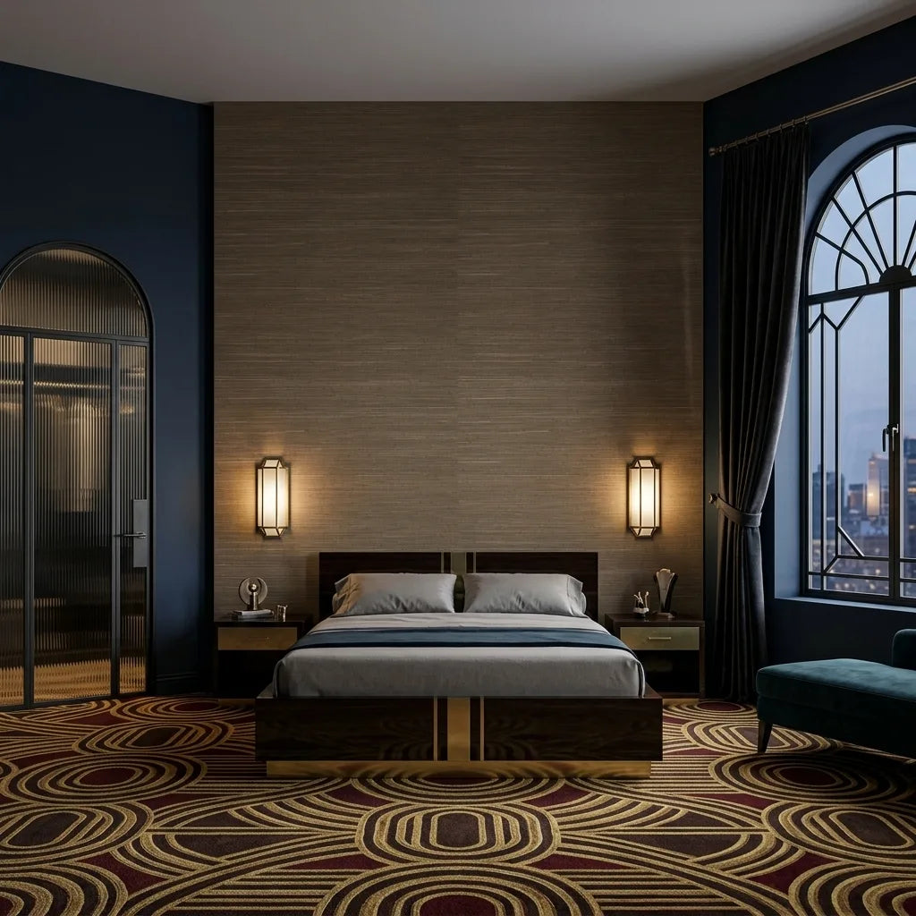 Bedroom - Natural bedroom featuring "Multicolored Hemp" wallpaper in olive and beige by York Wallcoverings, offering a serene look.