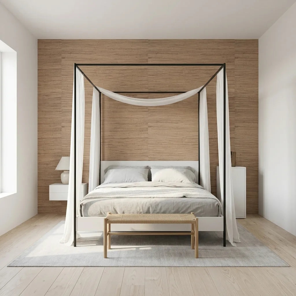 Bedroom - Multicolored Hemp wallpaper in Natural Hemp by York Wallcoverings adds organic texture to this stylish bedroom design.