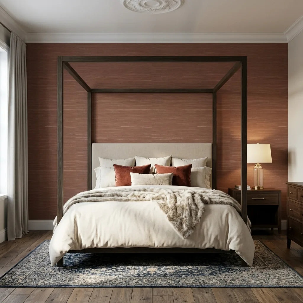 Bedroom - Stylish bedroom showcasing Multicolored Hemp wallpaper in a warm Rust hue by York Wallcoverings, adding texture and color.