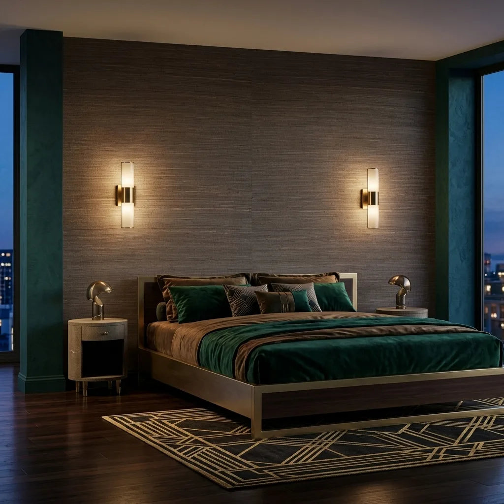 Bedroom - Modern space featuring textured Multicolored Hemp wallpaper in brown and grey, providing organic style from York Wallcoverings.