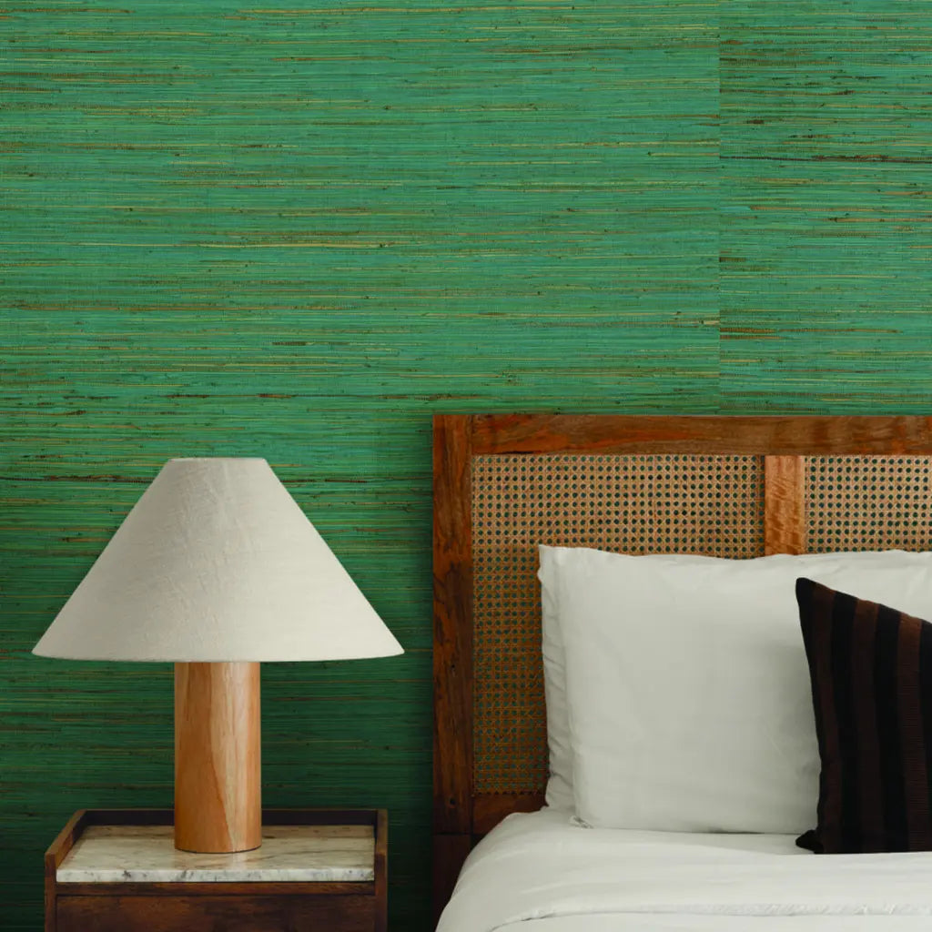 Bedroom featuring "Multicolored Hemp" wallpaper in Teal and Beige by York Wallcoverings.