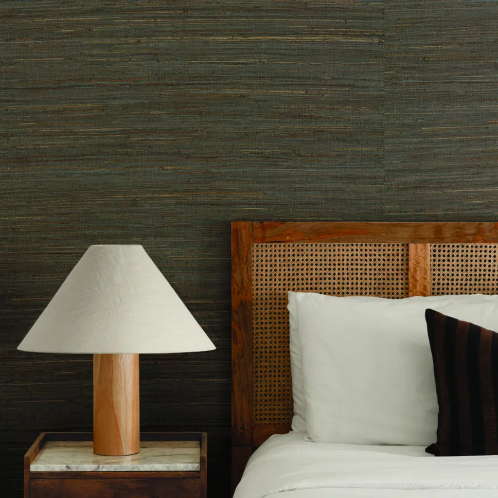 Bedroom photo featuring York Wallcoverings' "Multicolored Hemp" wallpaper in brown and grey.