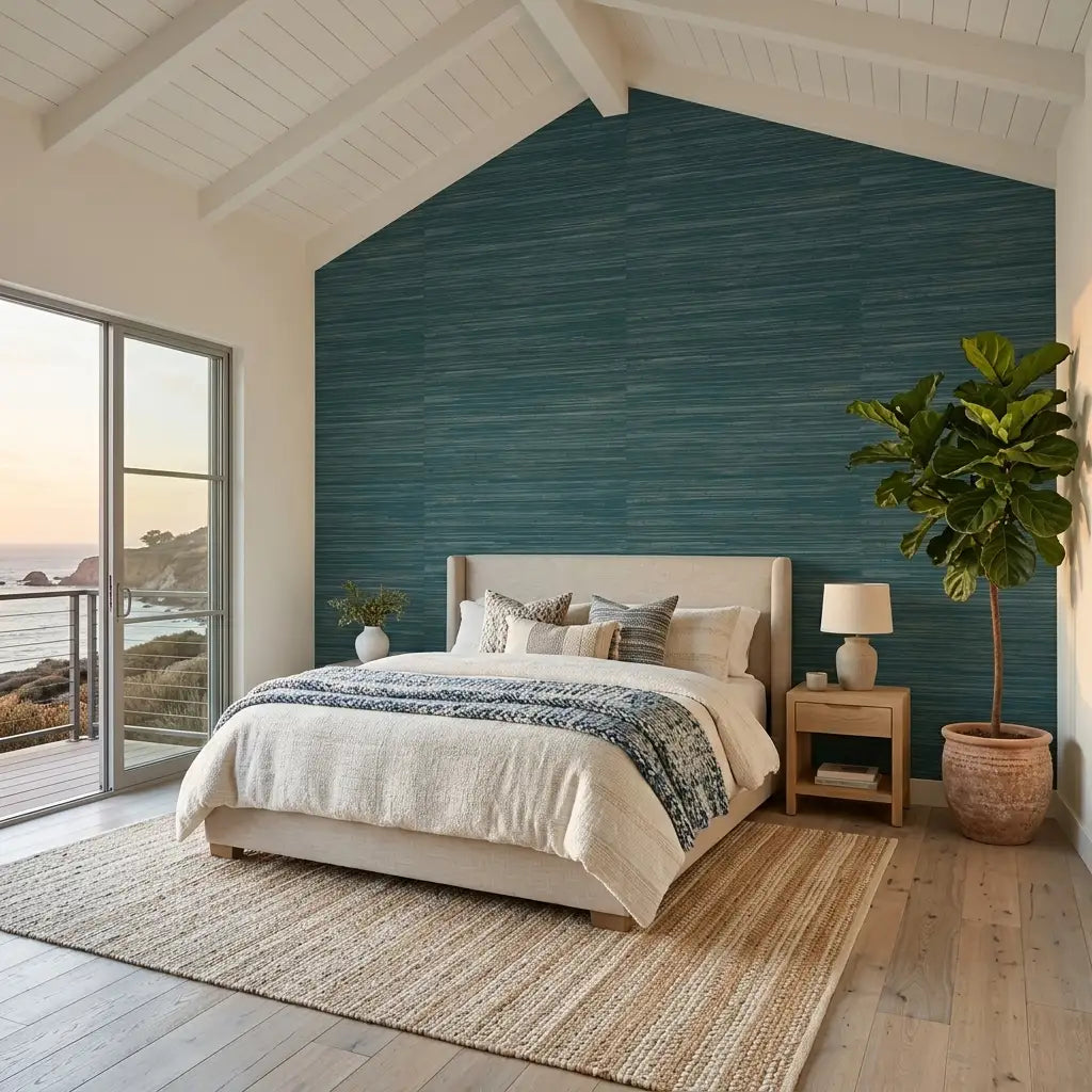 Bedroom - Modern bedroom featuring York Wallcoverings' organic Multicolored Hemp wallpaper in Teal and Natural.