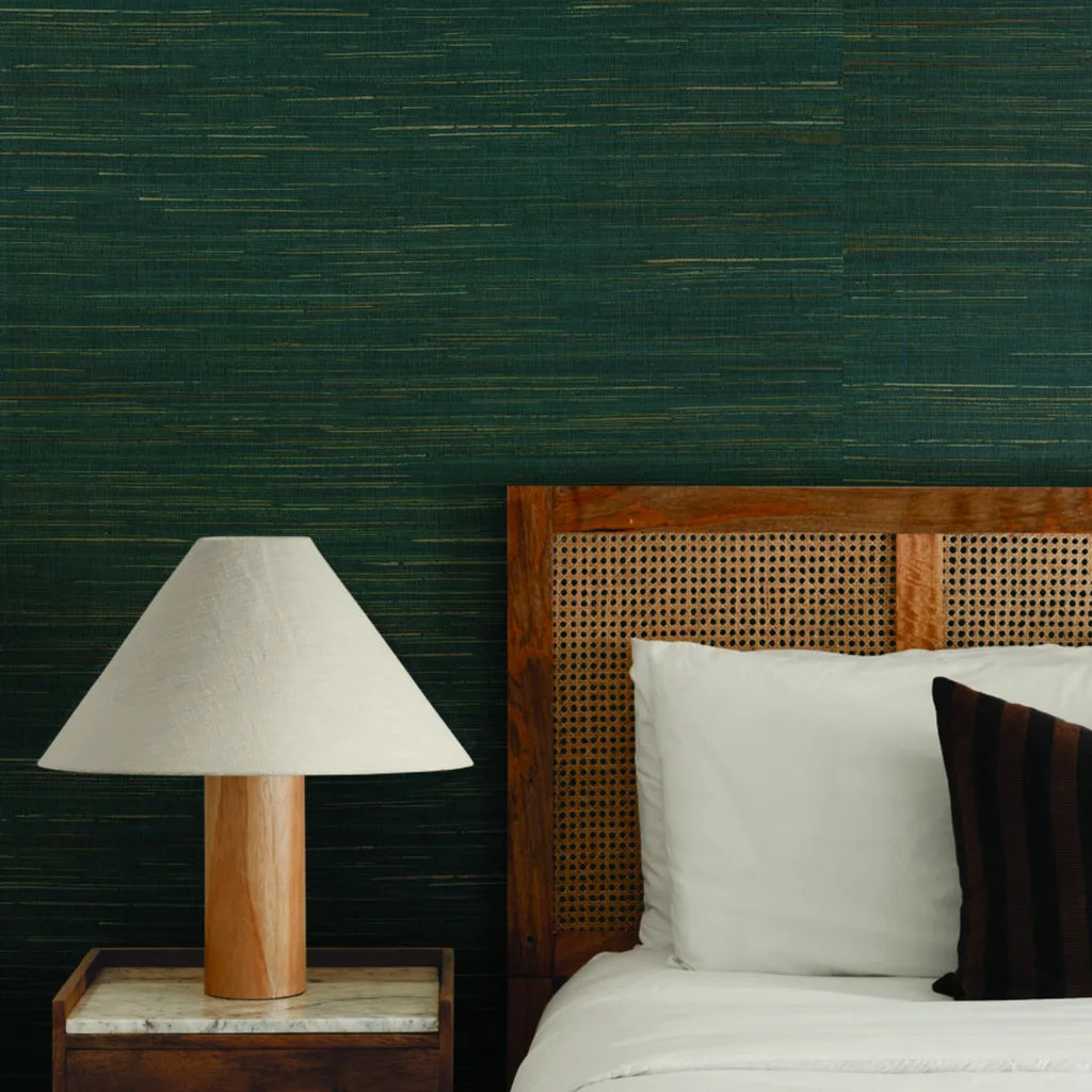 Bedroom featuring Multicolored Hemp wallpaper in Deep Teal and Tan by York Wallcoverings.