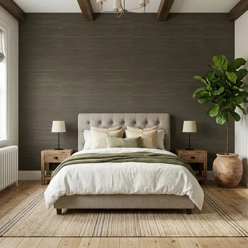 Bedroom - Multicolored Hemp wallpaper in Olive Green by York Wallcoverings creates a serene and stylish bedroom retreat.
