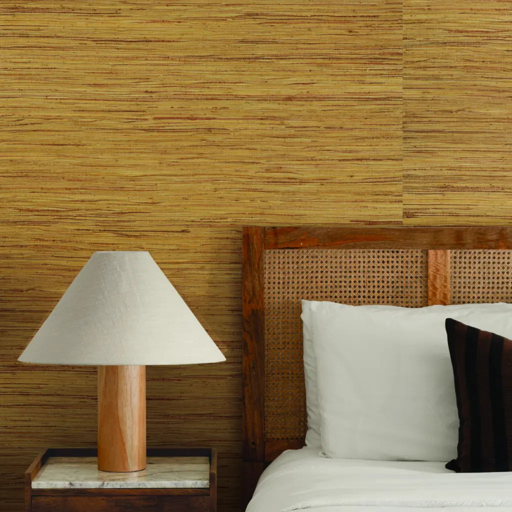 Cozy bedroom showcases Multicolored Hemp wallpaper in Natural Hemp by York Wallcoverings, adding organic texture and warmth.