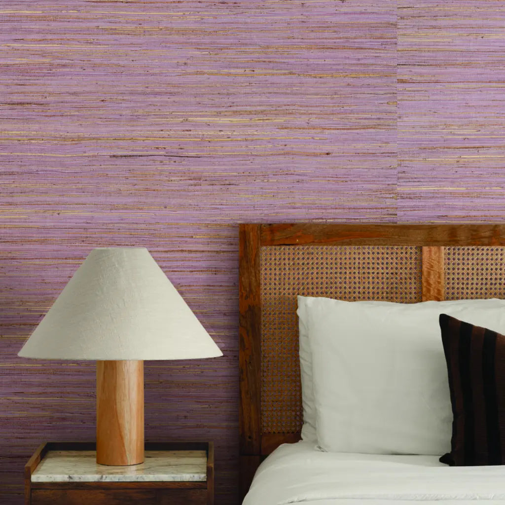 Bedroom features 'Multicolored Hemp' wallpaper in Lavender by York Wallcoverings, creating a serene and stylish space.