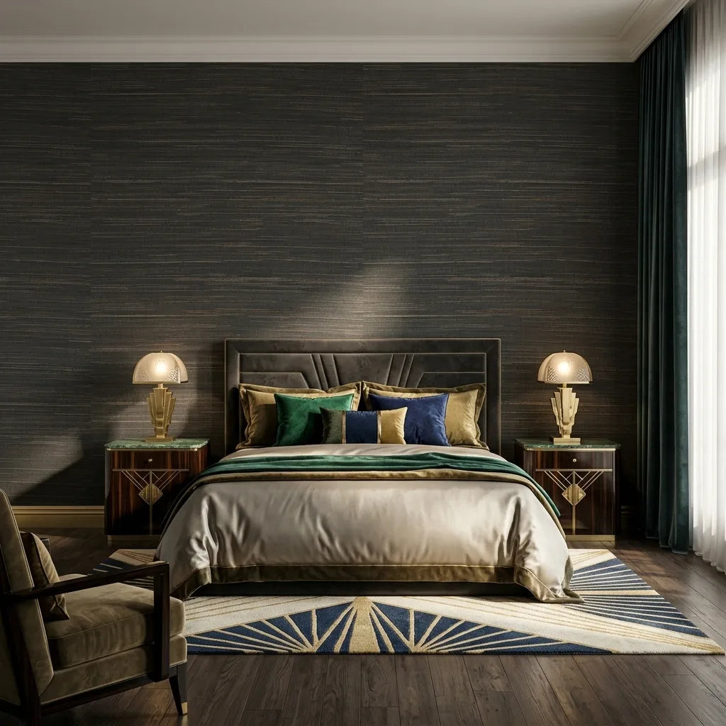 Bedroom - Multicolored Hemp wallpaper in Dark Teal Tan by York Wallcoverings adorns this tranquil space, adding natural texture and style.