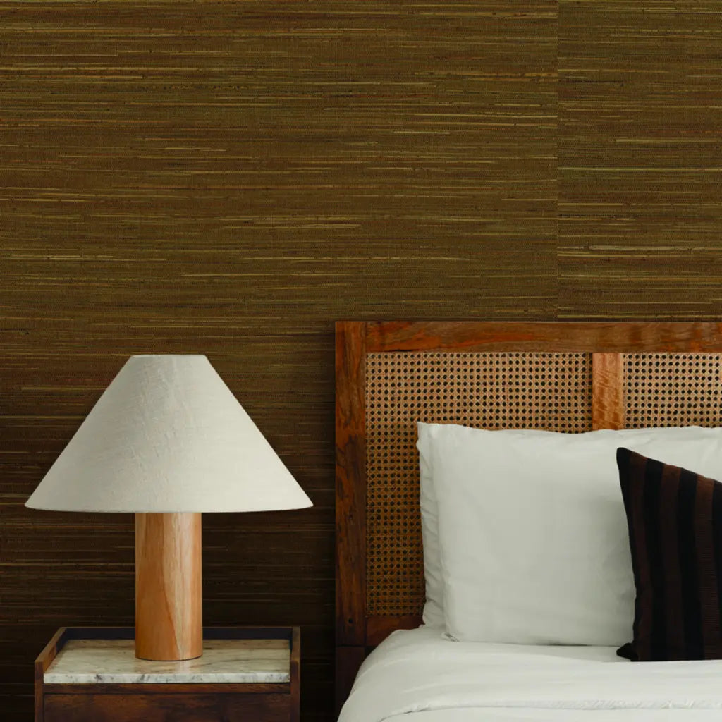Bedroom with Multicolored Hemp wallpaper in Brown and Tan by York Wallcoverings.