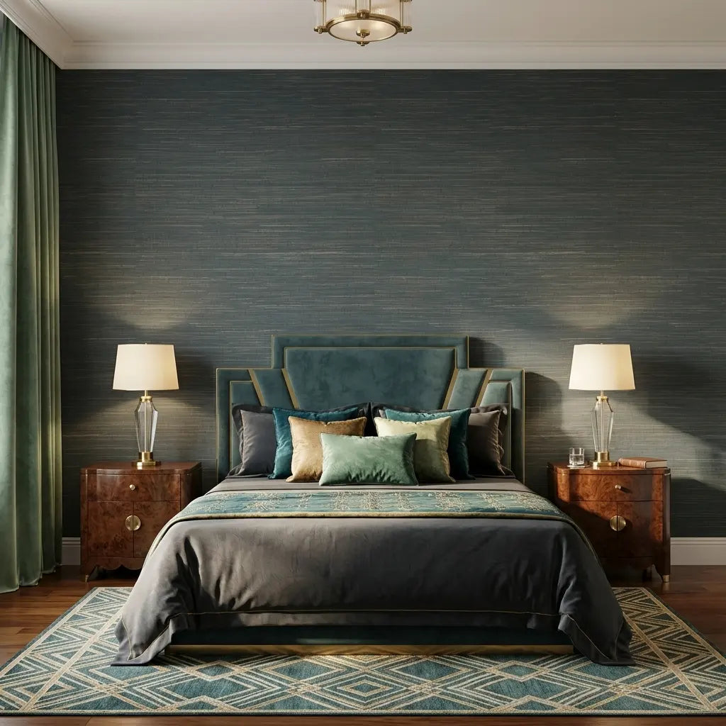 Bedroom - Multicolored Hemp wallpaper in Deep Teal and Tan by York Wallcoverings creates a serene and stylish atmosphere.